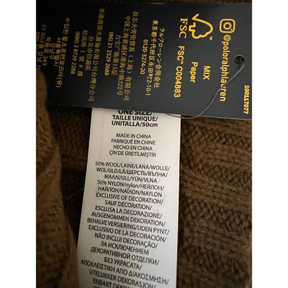 Polo Ralph Lauren Beanie Mens Army Green Flesh Pony Wool Blend Rib Knit Cuff NEW - Picture 3 of 3